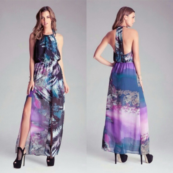 bebe Dresses & Skirts - Bebe Halter Black, Purple, and Teal Maxi Dress - XS